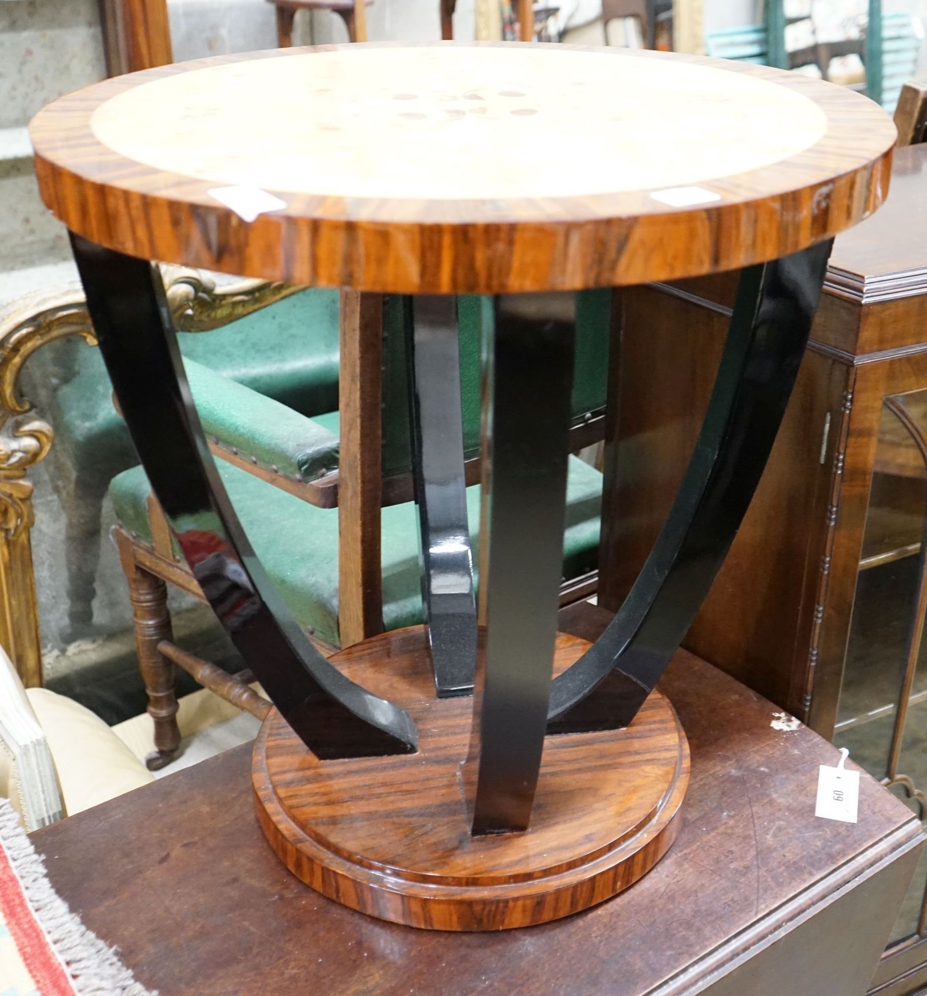 An Art Deco style circular occasional table, diameter 59cm, height 60cm